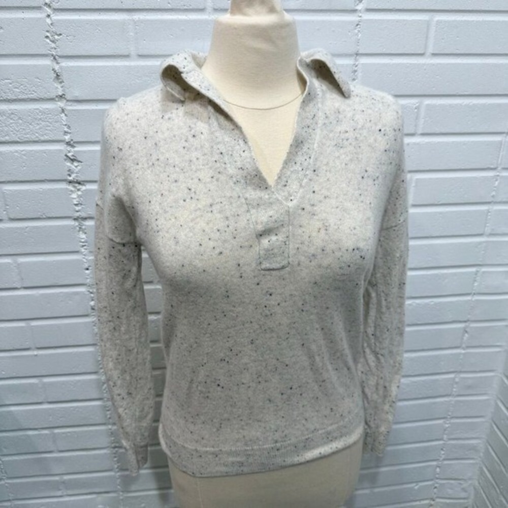 GARNET HILL Essential Cashmere Polo Sweater Cream‎ Speckled XS Oversized Donegal - Picture 2 of 14